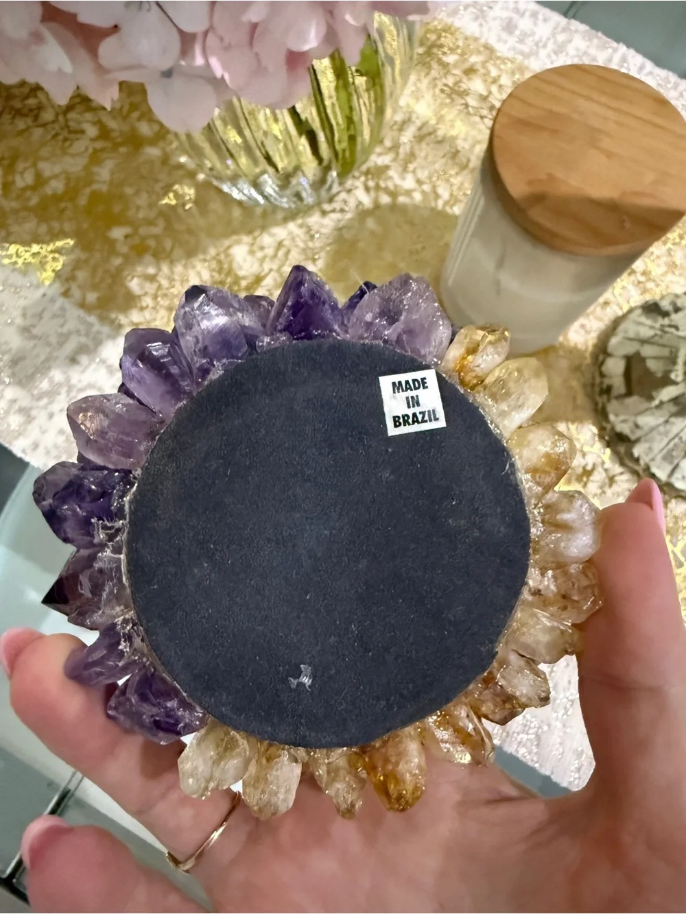 Handmade Amethyst & Citrine Candle Holders, Natural Gems - Set of 2